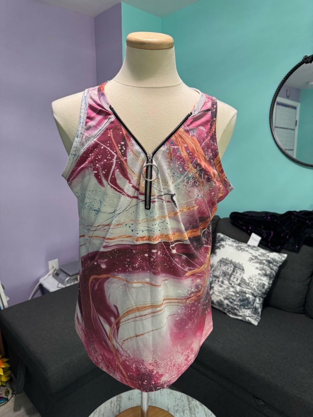 BEAUTIFUL Women's Pink Marble Print Zip-Front Tank Top